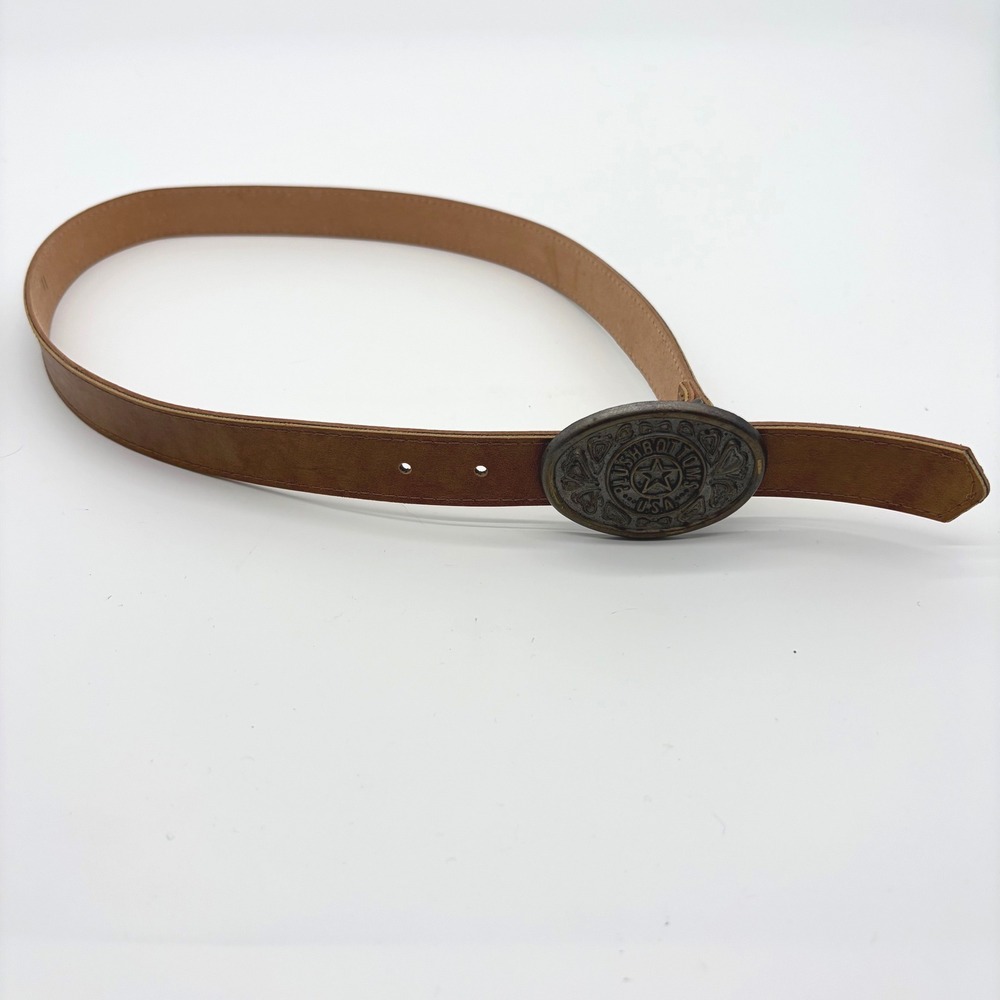 Plushbottoms USA Vintage Tan Leather Belt with Star Oval Brass Buckle Western‎